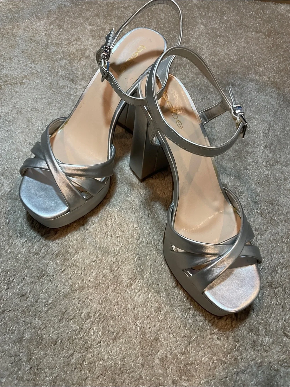 bebe Silver Metallic Platform Block Heel Sandals